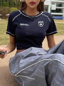 DAZY Camiseta con mangas raglán y costuras de gráfico con letra - Azul Marino - Ver 6