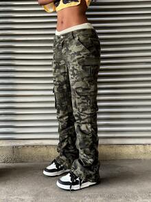 StreetHx Women's Camouflage Pocket Button Casual Jeans, Versatile For Daily Wear - Multicolor - View 4