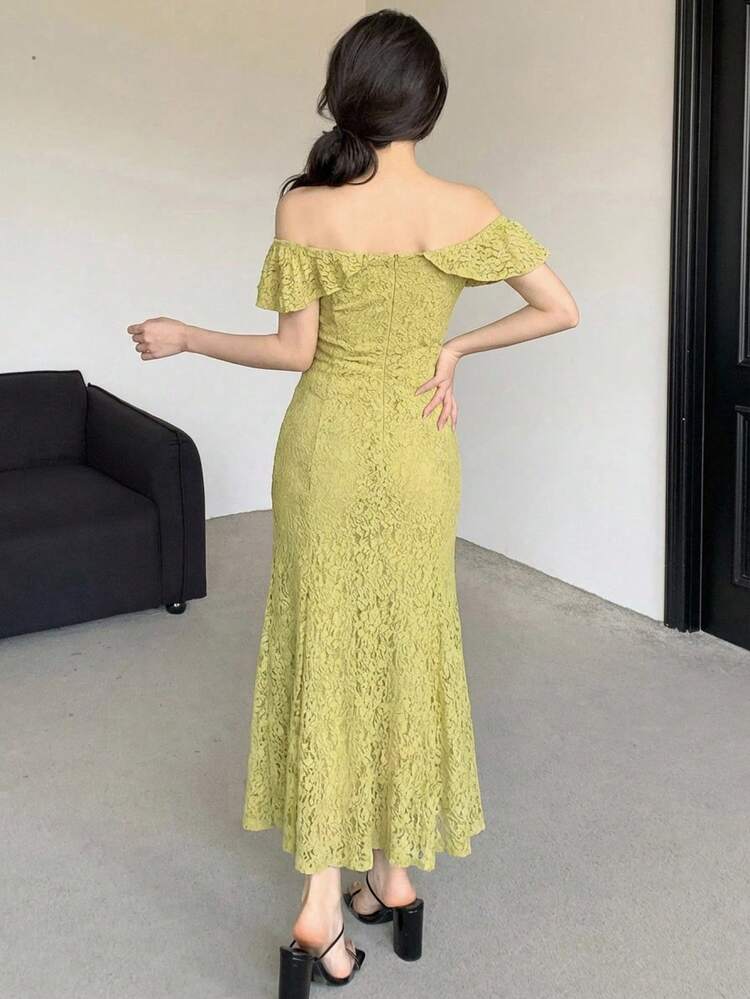 Women's Elegant Lace Mermaid Dress With Ruffle Hem And Self-Tie Button, Suitable For Spring And Summer Sundress