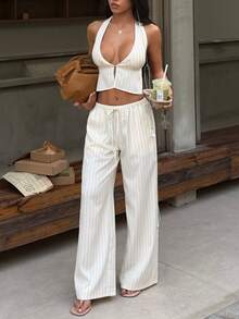 FavEase Women's Casual Backless Deep V-Neck Halter Top And Low Waist Tie-Waist Straight Leg Pants 2-Piece Set - Apricot - View 1