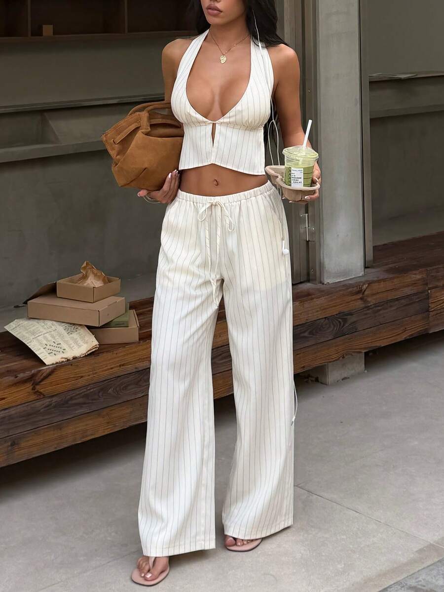 FavEase Women's Casual Backless Deep V-Neck Halter Top And Low Waist Tie-Waist Straight Leg Pants 2-Piece Set - Apricot - View 1