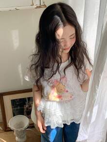 DAZY Young Girl' Round Neck Knit Butterfly Print Short Sleeve T-Shirt, Fall - White - View 6
