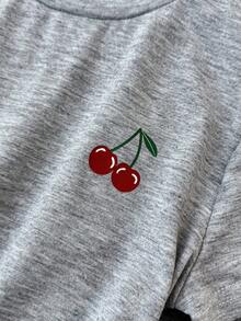 Tween Girls' Casual Everyday Gray Round Neck Top With Straight Leg Cherry Print Pants - Grey - View 3