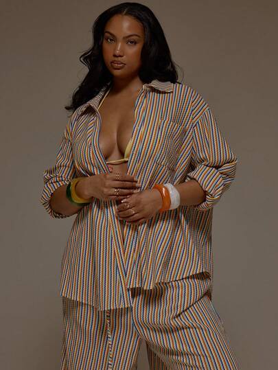 MUSERA Büyük Beden Çizgili Tığ İşi Düğmeli Uzun Kollu Gömlek İlkbahar Yaz Şık Zarif Plaj Mayo Seksi Casa Calypso