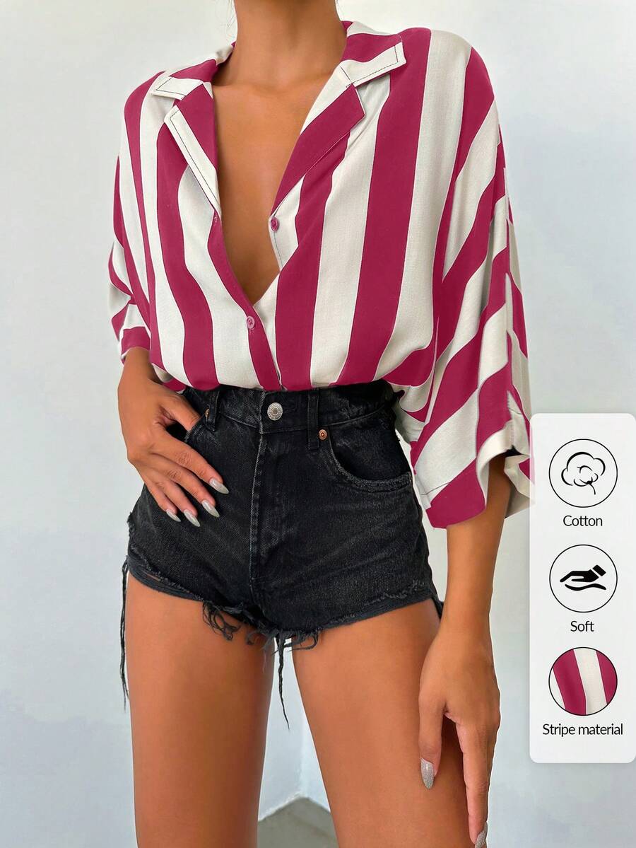 EURMUSE 100%纯棉女式春夏休闲拼色条纹蝙蝠袖衬衫 - 玫紅色 - 查看 1