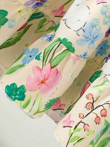SHEIN Elladie kids 女童优雅印花圆领喇叭袖露背蝴蝶结装饰腰部荷叶边下摆休闲时尚连衣裙，适合度假旅行，夏季荷叶边吊带连衣裙，兔子印花连衣裙，花童连衣裙，女童蝴蝶结连衣裙，女童碎花连衣裙，公主连衣裙，女童碎花连衣裙，童装，女童公主连衣裙，儿童连衣裙，儿童荷叶边连衣裙，女童复活节连衣裙，小女孩优雅夏季连衣裙，夏季套装，柔软连衣裙，优雅派对连衣裙。 - 綠色 - 查看 6