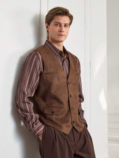 Officeau 男士纯色单排扣休闲/商务马甲，男士正装背心，复古风格，冬季款