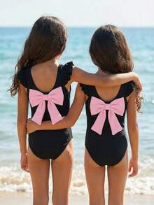 Emery Rose Kids Emery Rose Kids 女童条纹蝴蝶结花卉连体泳衣 - 黑色 - 查看 5