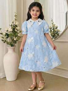 Young Girl Elegant Floral Mesh Dress - Baby Blue - View 9