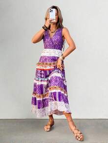 紫色波西米亚风印花无袖连衣裙，度假风长裙 - 彩色 - 查看 6