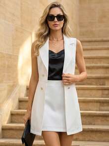 Editum Woven Double-Breasted Vest & Skirt 2 Pieces Set For Women - White - View 3