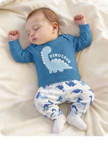 Newborn Baby Boy Casual Cute Cartoon Pattern Knit Long Sleeve Top And Elastic Waist Pants Set - Blue - View 2