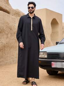 DAZY Men's Black Middle Eastern Style Long Robe Shirt, Spring - Black - View 8