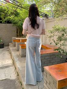 DAZY Quần jean nữ denim mài bạc màu, kiểu dáng thường ngày, có túi và cúc. - Rửa nhẹ - Xem 6