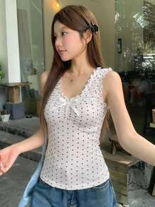 DAZY Áo kiểu nữ Hàn Quốc chấm bi thanh lịch không tay thắt nơ mùa hè - Đỏ - Xem 4
