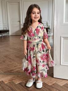 DAZY Young Girl Floral Pattern V-Neck Ruffle Sleeve Fashion Dress - Multicolor - View 2