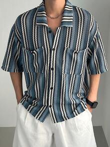 DAZY Men's Short Sleeve Striped Textured Fabric Shirt, Summer - Multicolor - View 4