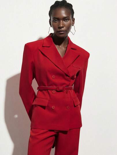 Aveloria Modichic Women's Solid Color Notched Collar Double-Breasted Long Sleeve Jacket And Pants Casual Office Suit Set