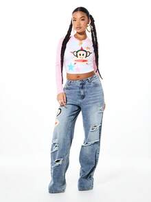SUMWON X PAUL FRANK SUMWON WOMEN Áo thun nữ tay dài raglan in hình khỉ và họa tiết sao nhiều màu sắc, kiểu tay áo phối màu tương phản, phong cách thường ngày. - Nhiều màu - Xem 3