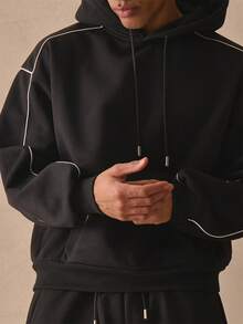 Musero Áo hoodie tay dài dáng rộng, đường may tương phản, có mũ trùm đầu, vai rớt, chi tiết dây rút, thích hợp cho mùa xuân hè, mang lại sự thoải mái khi mặc nhà. - màu đen - Xem 2