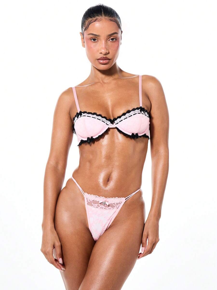 SUMWON WOMEN Mesh Lace Balconette Bra With Black Trim With Underwired Support - Pink - View 1