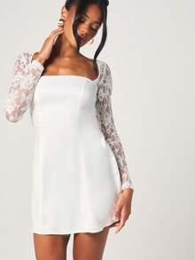 MISSGUIDED White Lace Sleeve Bodycon Mini Dress With Open Back Tie Detail For Party Cocktail Evening Occasions - White - View 5