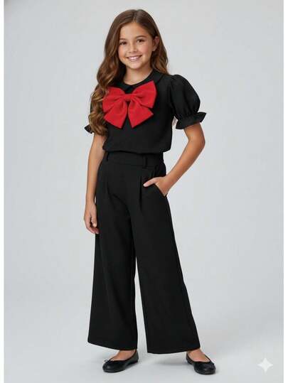 CONJUNTO DE VESTIR PARA NIÑA , MANGA CORTA CON MOÑO EN EL HOMBRO , BOTON ATRAS , TELA FRESCA Y COMODA PANTLON DE VESTIR , ELASTICO EN LA PARTE DE ATRAS PARA MAYOR AJUSTE , CORTE RECTO