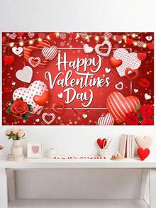 1 pieza Pancarta de fondo para el Día de San Valentín con rosas rojas, fondo temático de corazones para photocall, decoraciones y suministros para la fiesta del Día de San Valentín - Multicolor - Ver 7
