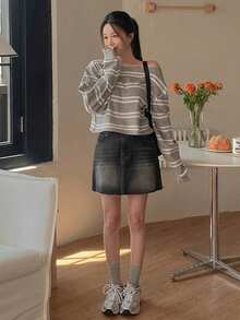 DAZY 水洗毛边牛仔A字裙，高腰宽松修身女士夏季牛仔裙 - 深灰色 - 查看 10