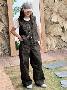 Tween Girls Bow Print Full-Print Casual Open-Front Round Neck Vest And Loose Denim Pants Denim Set, Fall - Brown - View 7