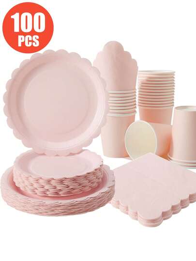 Light Pink Petal-Shaped Disposable Plates, Napkins, And Cups, Light Pink Plates, Napkins, And Cups For Party Supplies, Suitable For 25 Guests, Disposable Paper Plates For Party Tableware, Suitable For Birthday Parties, Weddings, Family Picnics