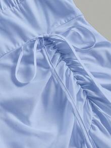 SHEIN MOD Đầm nữ màu trơn tay cánh hoa có dây rút, vạt bèo nhún, vạt trước ngắn vạt sau dài. - Màu xanh lam - Xem 3