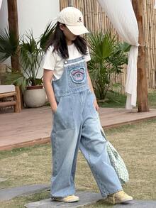DAZY 少女宽松可爱字母刺绣牛仔背带裤 - 藍色 - 查看 4