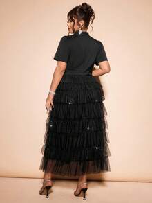 GlowEve CURVE 优雅的蛋糕造型闪亮薄纱连衣裙，适合婚礼、派对、下午茶、活动和正式场合。 - 黑色 - 查看 2