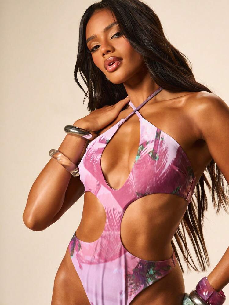 MISSGUIDED Women's Tropical Print Plunge Neckline Cross Back High Rise Cut Out One Piece Swimsuit Summer Beach Vacation Cheeky Coverage Monokini