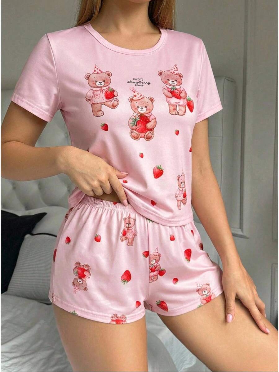 2件套女童小熊印花短裤和短袖上衣,休闲家居服 - 粉色 - 查看 1