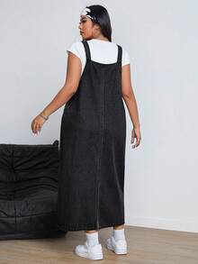 SHEIN ICON Plus Size Casual Washed Denim Pinafore Dress - Dark Grey - View 2