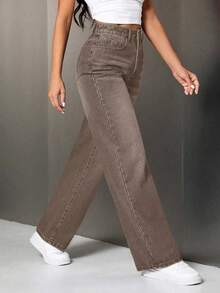 SHEIN Tall Jeans casuales de cintura alta con bolsillos y pierna ancha para mujer - Café integral - Ver 2