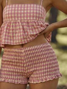 WESTFADE Pink Plaid Check Square Neck Peplum Tank Top & Smocked Ruffle Hem Fitted Shorts Matching Set, Country Concert Outfit, Festival, Summer, Winter - Pink - View 4