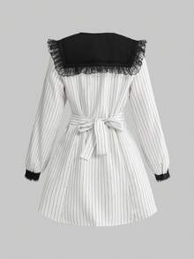 ROMWE Goth 哥特式暗黑娃娃十字尖领撞色蕾丝条纹修身A字迷你连衣裙 - 白色 - 查看 4