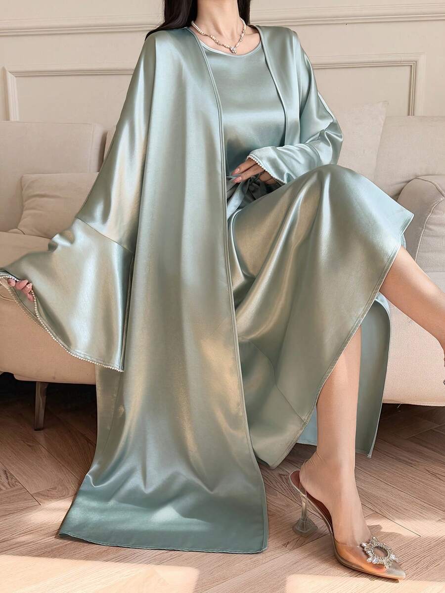 DAZY Women's Elegant Solid Color Round Neck Sleeveless Dress With Belt & Flare Sleeve Robe, 2-Piece Set, Spring/Summer - Green - View 1