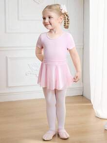 3pcs/Set Girls Pink Elastic Knit Skin-Friendly Bodysuit, Girls Pink Tulle Skirt, Girls White Skin-Friendly Elastic Tights, Soft Fabric Suitable For Ballet, Gymnastics, Daily Wear, Outings, Parties And Other Occasions - Pink - View 5