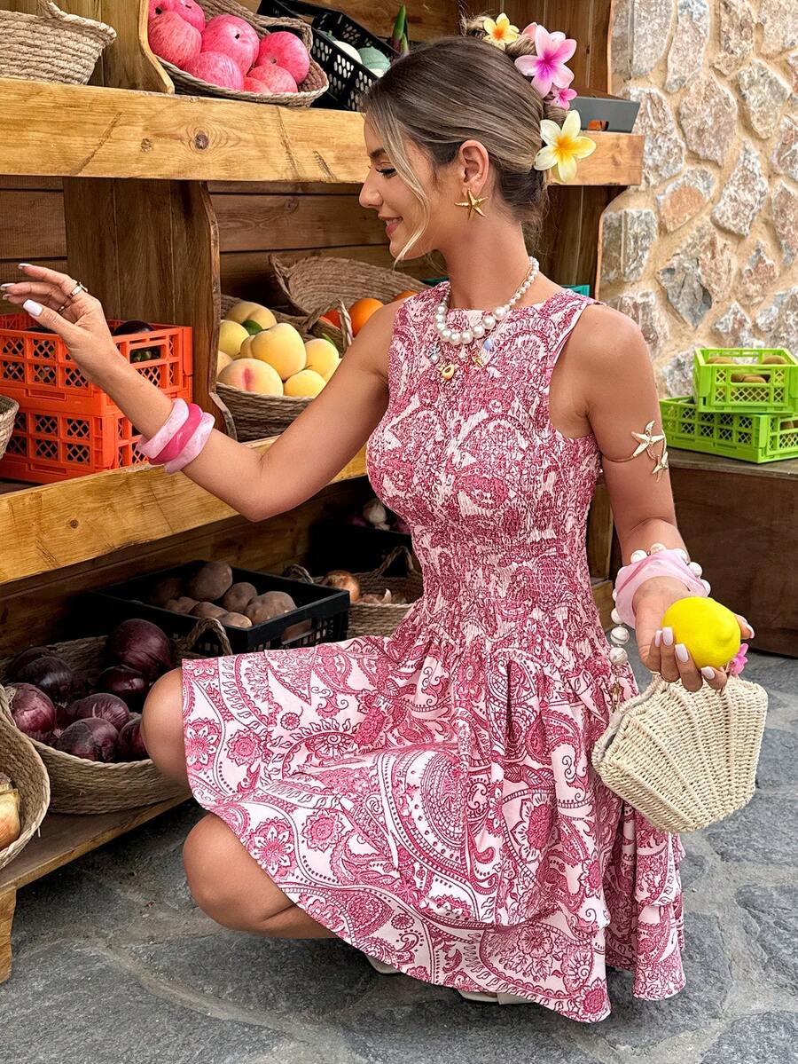 Selianne Women's Spring/Summer Vacation Bodycon Elastic Waist Bohemian Print Flared Dress - Multicolor - View 1