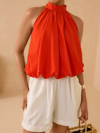 Vesra Women's Solid Color Ruched Halter Casual Versatile Daily Wear Top