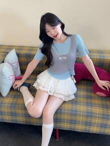 DAZY Jupe d'été coréenne fraîche et girly avec volants et imprimé floral - Blanc - Voir 6