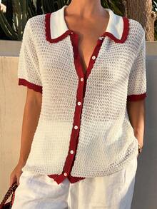 DAZY Women's Collared Color Block Button Design Short Sleeve Knit Top, Suitable For Commuting Summer - Apricot - View 3