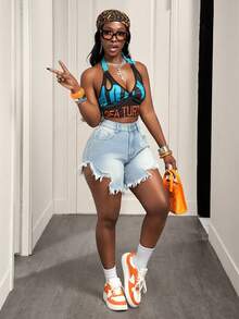 BamGleam Women's Casual Asymmetrical Distressed Denim Shorts, Summer - Light Wash - View 7