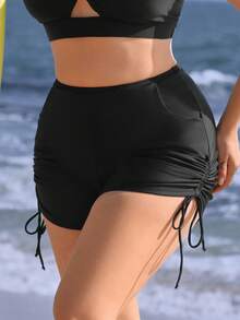 Swim SPRTY Plus Size Women's Solid Color Side Drawstring Pocket Boyshort Bikini Bottom - Black - View 1
