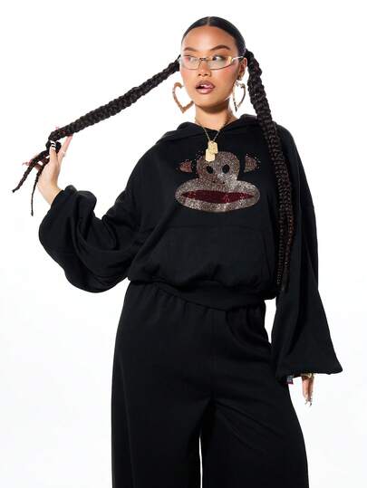 SUMWON X PAUL FRANK SUMWON WOMEN 드로스트링 후드와 중앙 포켓이 있는 박시 오버사이즈 라인스톤 장식 그래픽 후드티 캐주얼 겨울 스트리트웨어용