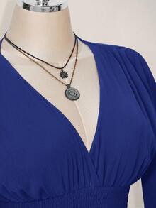 SHEIN ICON 女士纯色褶皱喇叭袖收腰休闲迷你连衣裙 - 藍色 - 查看 6